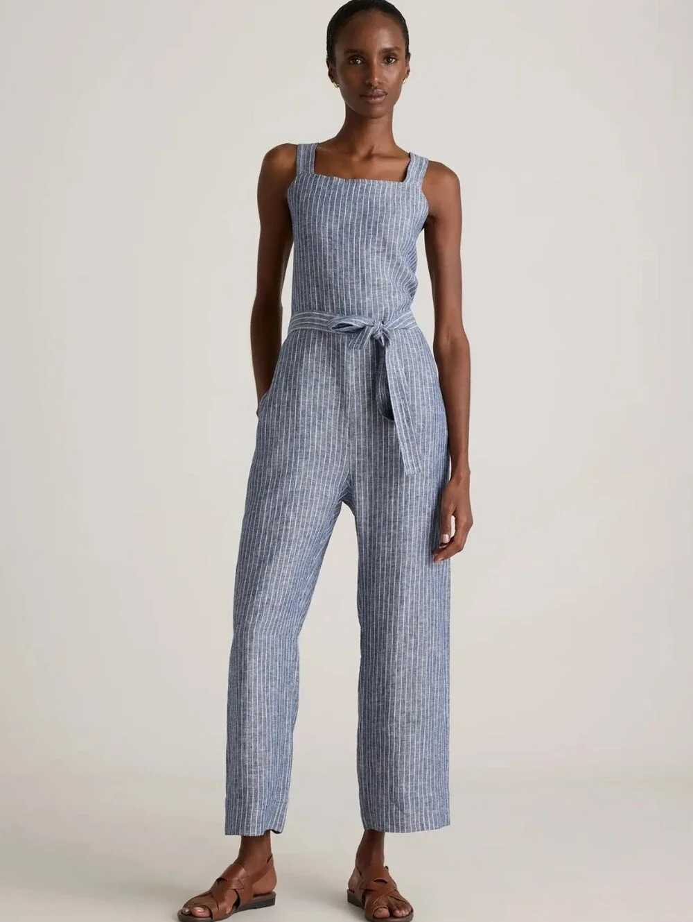 Quince 100% European Linen Square Neck Jumpsuit In Chambray Stripe